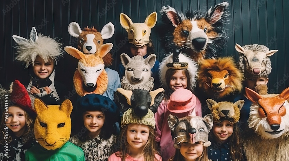 Group of children with animal heads. Generative AI.