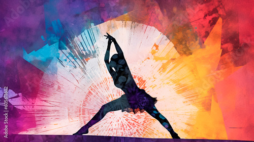 Silhouette of a ballerina dancing on stage with a colorful background. Generative AI.