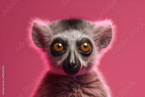 Cute lemur on a pink background. 3d illustration. Generative AI.