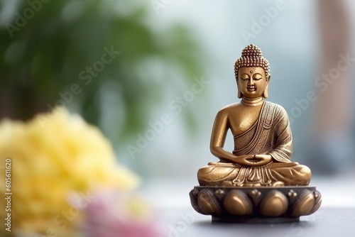 Buddha statue and flower on blurred background  Buddhism concept. Generative AI.