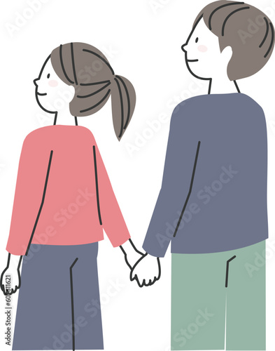 手をつないで前方を見つめる男性と女性
