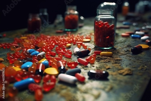 Heap of colorful pills and capsules on wooden table. Selective focus. Generative AI.