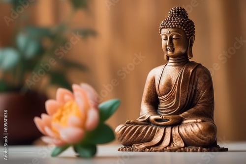 Buddha statue and flower on wooden table  selective focus. Generative AI.