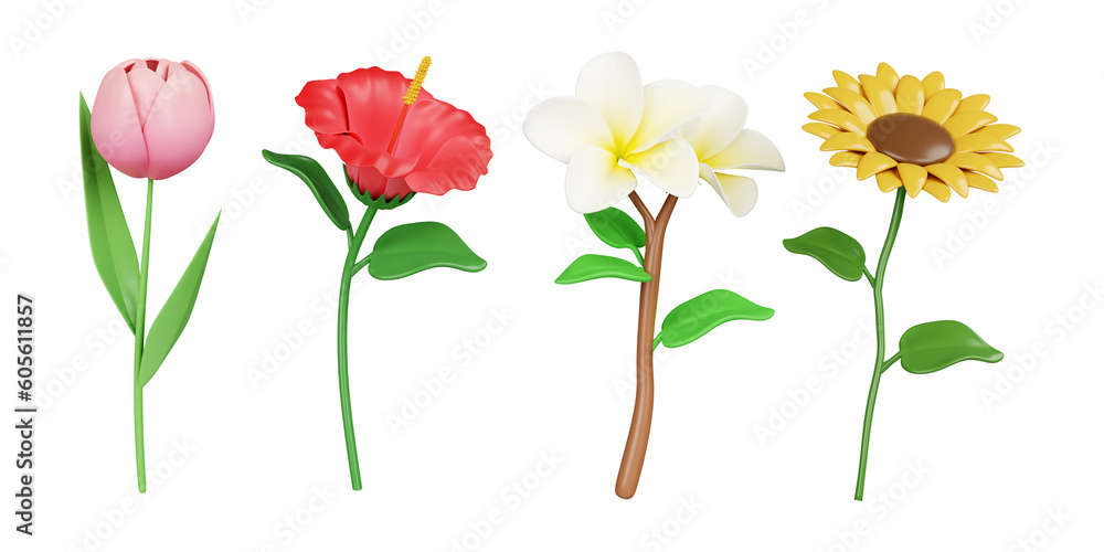 3d colorful flower set. icon isolated on white background. 3d rendering illustration. Clipping path.