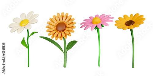 3d colorful flower set. icon isolated on white background. 3d rendering illustration. Clipping path.