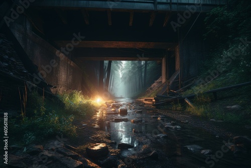 A glowing path in the dark  journeying under a bridge. Generative AI