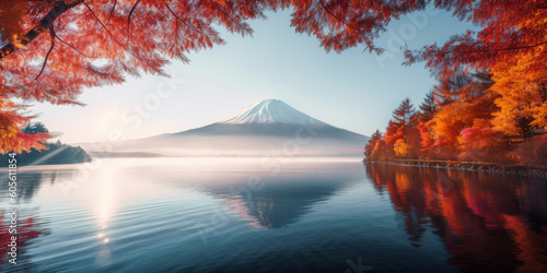 Colorful autumn season with mountain and morning fog, Generative ai