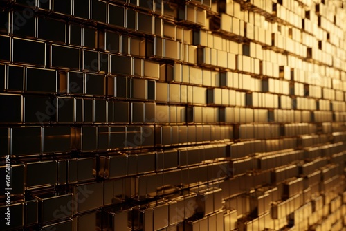 Glossy mosaic wall of stacked bullion squares. Rendered 3D. Generative AI
