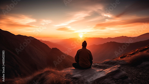 Person at Mountain Top Gazing at Sunset. Serene Solitude, Majestic Nature, Adventure Triumph, Inspirational Landscape, Peaceful Contemplation.