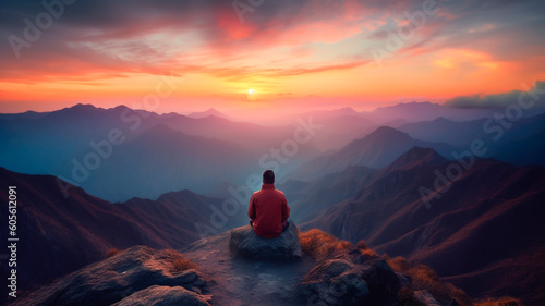 Man Meditating on Mountain Top at Sunset. Tranquil Solitude, Spiritual Journey, Majestic Scenery, Mindfulness Practice, Inner Peace.