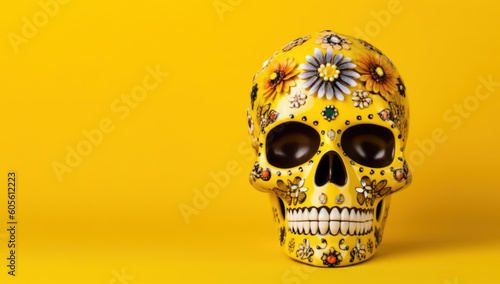 Full vibrant yellow adorned with floral decorations and intricate makeup over yellow background with copy space. La Muerte (Day of the Dead) festival in Mexico concept. AI generative