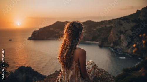 Back view of a woman watching the sunset, 夕日を眺める女性の後ろ姿, Generative AI