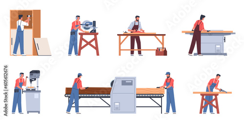 Carpenters characters with furniture. Cartoon men in workwear engaged in wood processing, sawing, drilling and planing, making process cartoon flat isolated illustration, nowaday vector set
