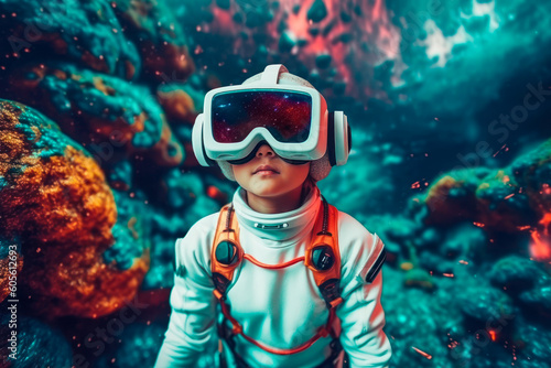 Kid with astronaut suit and VR glasses in a fantasy game world. Generative AI © NorLife