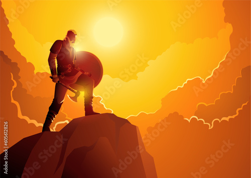 Viking warrior holding an axe and shield on top of a hill with dramatic cloudscape background