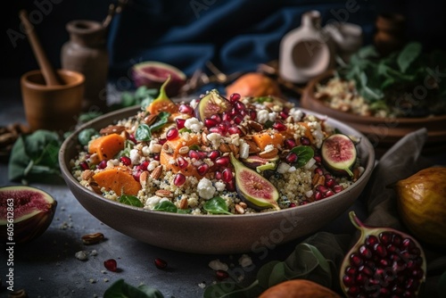 Autumn quinoa salad with figs, feta, pomegranate, and roasted veggies: sweet potato, Brussels sprouts. Generative AI