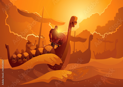 The vikings on the ship were sailing across the ocean to England