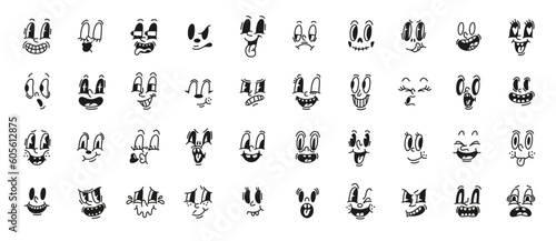 Cartoon retro faces. Black and white vintage comic muzzles, old classic animated characters collection, happy and surprised emoji, funny emotional expressions, mascot face, tidy vector set