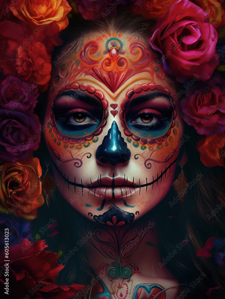 Portrait of a woman as la Catrina with bright art painted makeup adorned with floral decorations on head, prepared for festival La Muerte or Halloween party. AI generative Portrait of a woman as la Catrina with bright art painted makeup adorned with floral decorations on head, prepared for festival La Muerte or Halloween party. AI generative