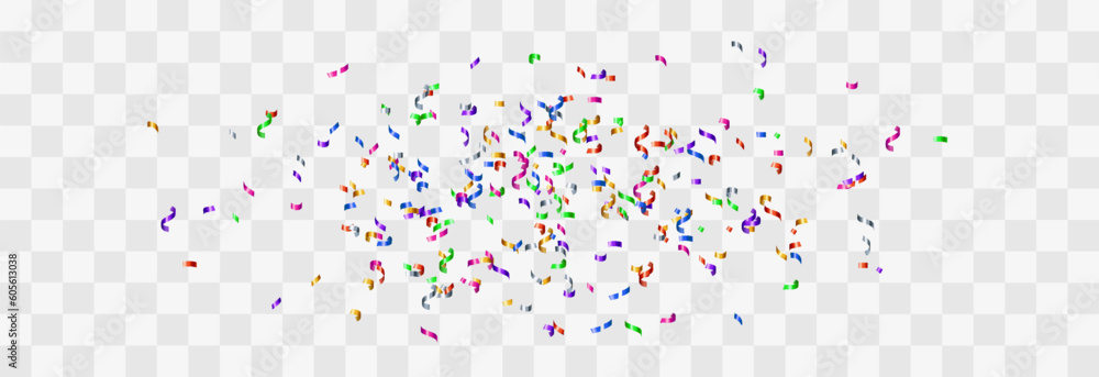 Festive confetti png. Bright confetti falls. Vector celebration background with confetti and colorful ribbons. Holidays and Birthday. Vector isolated on transparent background.