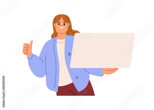 Woman holds empty blank paper board in hand. Happy young girl showing, presenting clean placard, advertising, promoting, recommending, announcing. Flat vector illustration isolated on white background