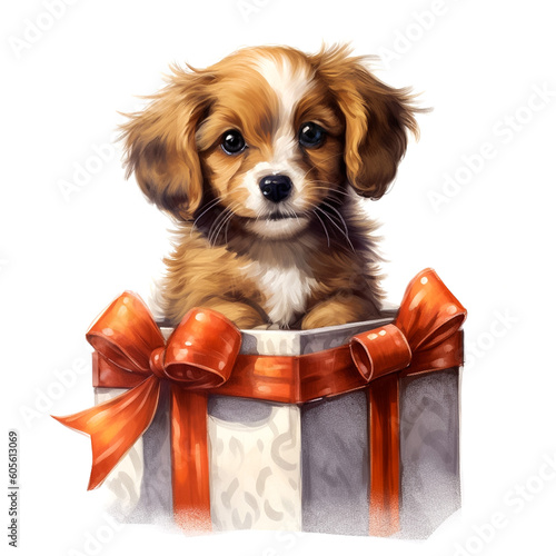 A very cute puppy with a gift box