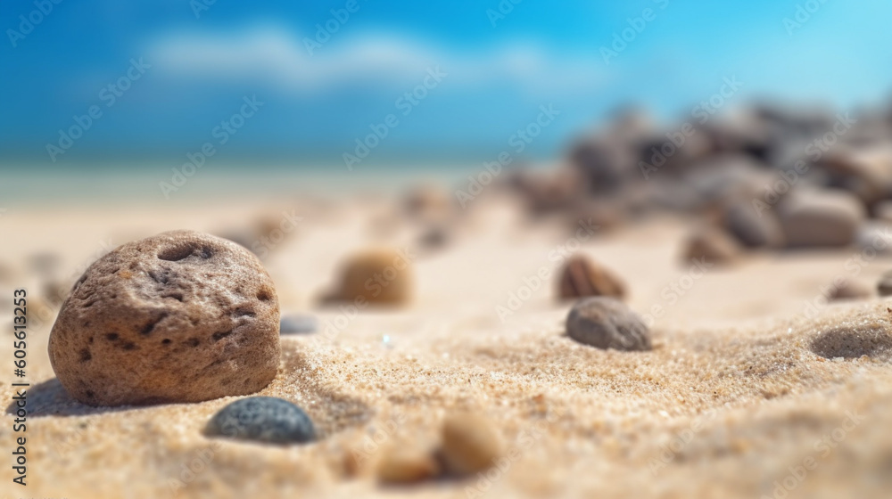 A seashell on a beach with a blue sky in the background