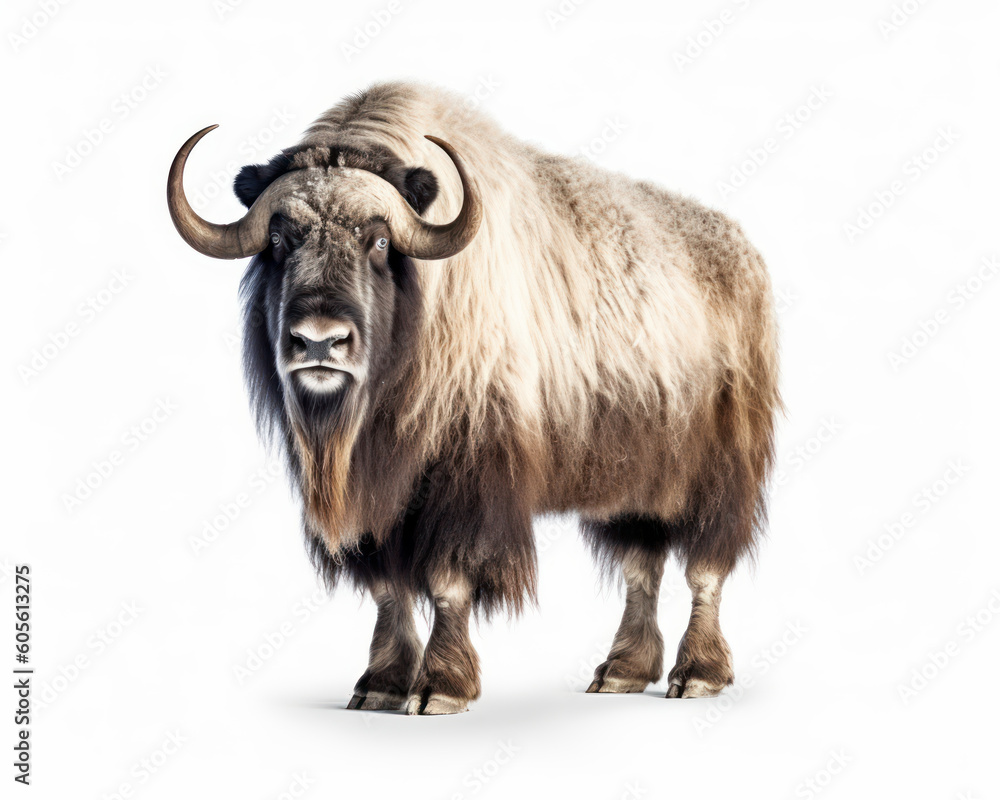 photo of Musk oxen isolated on white background. Generative AI photo of Musk oxen isolated on white background. Generative AI