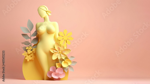 Female sculpture with spring flowers in 3d style. Concept of women's health and beauty. AI Generated.