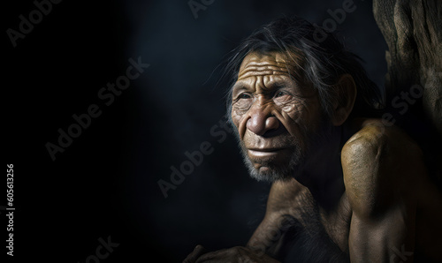 portrait photo of Neanderthal (archaic human) sitting in an ancient cave. Generative AI photo
