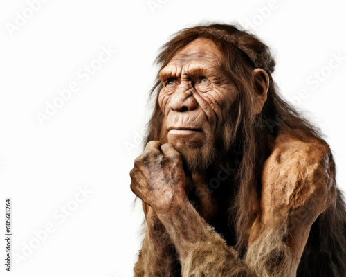 photo of Neanderthal (archaic human) isolated on white background. Generative AI
