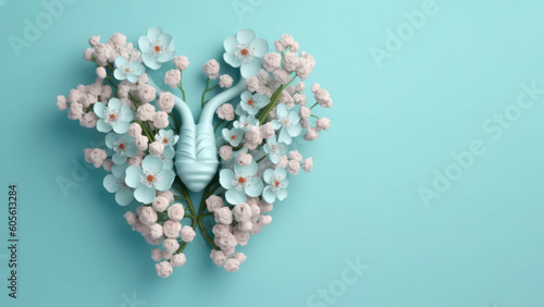 Thyroid organ with flowers in 3D style. Concept of thyroid disease and health. AI-Generated.