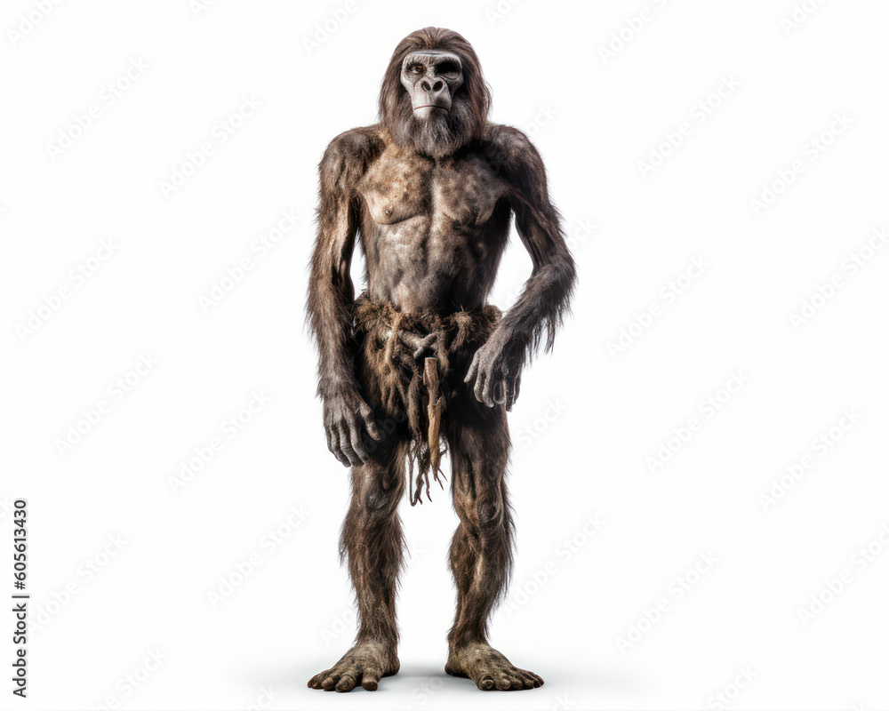 photo of Neanderthal (archaic human) isolated on white background. Generative AI photo of Neanderthal (archaic human) isolated on white background. Generative AI