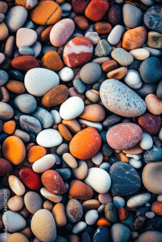 Intricate textures and colors of pebbles on a beach in vibrant colors. Generative AI