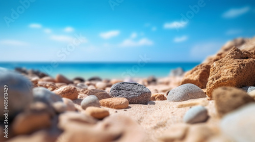 A seashell on a beach with a blue sky in the background