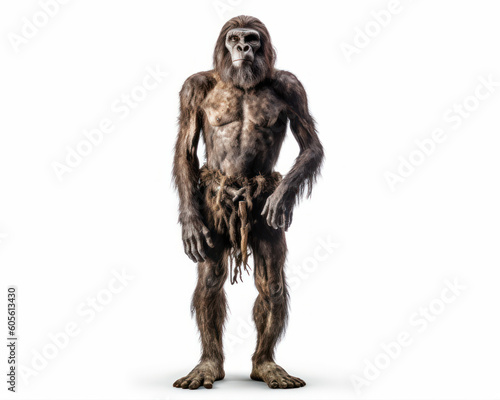 photo of Neanderthal (archaic human) isolated on white background. Generative AI © Bartek