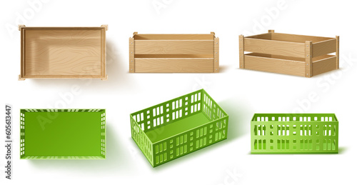Empty wooden and plastic crates. Realistic boxes for bottles, containers for fruits and vegetables, warehouse storage equipment, warehouse merchandise, 3d isolated elements, utter vector set