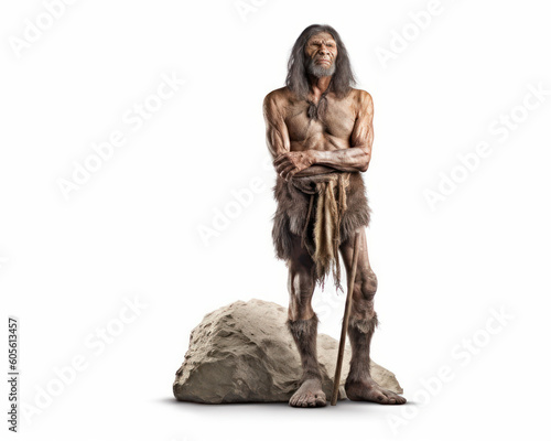 photo of Neanderthal (archaic human) isolated on white background. Generative AI photo