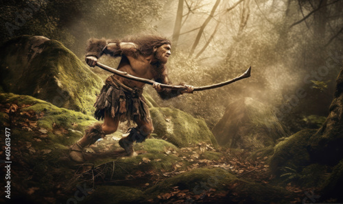 Neanderthal, an archaic human, hunting in a dense, prehistoric mystic forest. The powerful figure is captured mid-stride, brandishing a spear with expert precision. Generative AI photo