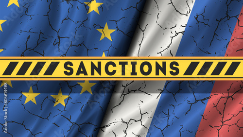 Vector political and economic poster. Wavy EU and Russia flags with cracks. Large yellow ribbon with the inscription, sanctions.