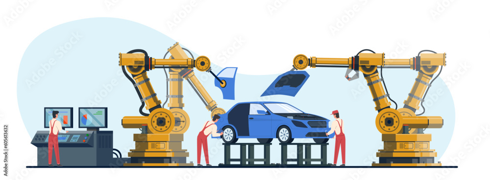Fototapeta premium Engineering workers in uniform work in car factory on an automated assembly line. Conveyor and assembly worker characters. Industrial process cartoon flat style isolated vector concept