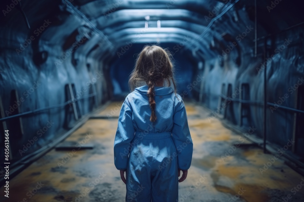 Modern child girl underground bunker. Generate Ai
