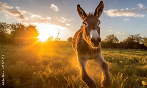 photo of mule running in tall grass at sunset. Generative AI photo