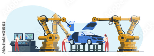 Engineering workers in uniform work in car factory on an automated assembly line. Conveyor and assembly worker characters. Industrial process cartoon flat style isolated vector concept