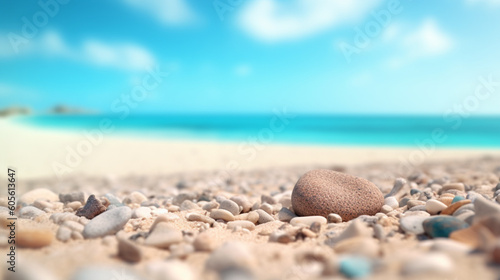 A seashell on a beach with a blue sky in the background