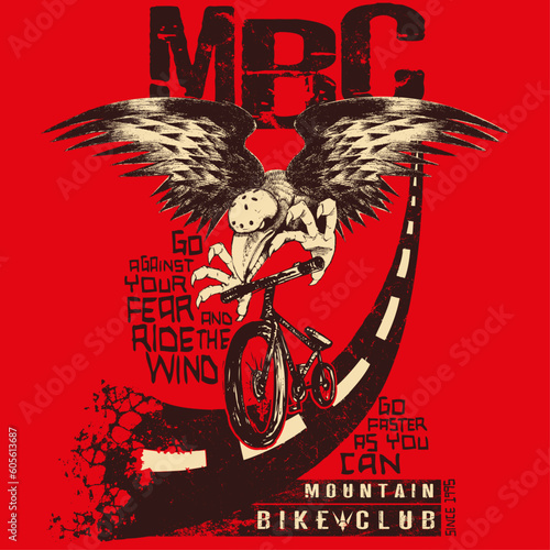 Crow on a bicycle riding down hill mascot of a mountain bike club. Red background with text and a downhill road. Sport illustration concept.