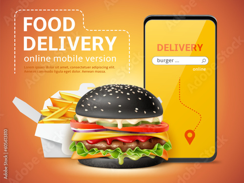 Fast food order app. Realistic hamburger with black sesame bun, french fries packing, phone application, 3d isolated elements, smartphone banner, utter vector express delivery concept