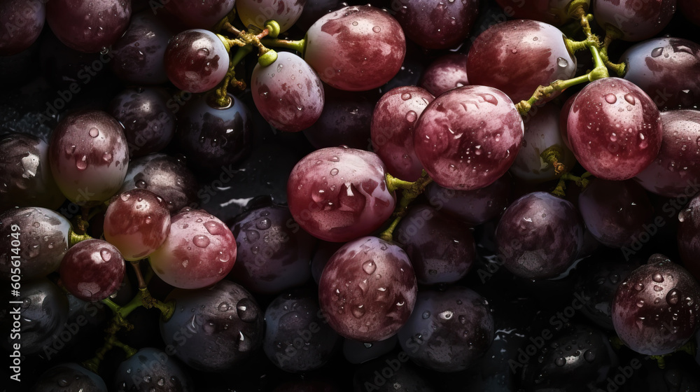 Fototapeta premium Fresh ripe grapes with water drops background. Berries backdrop. Generative AI