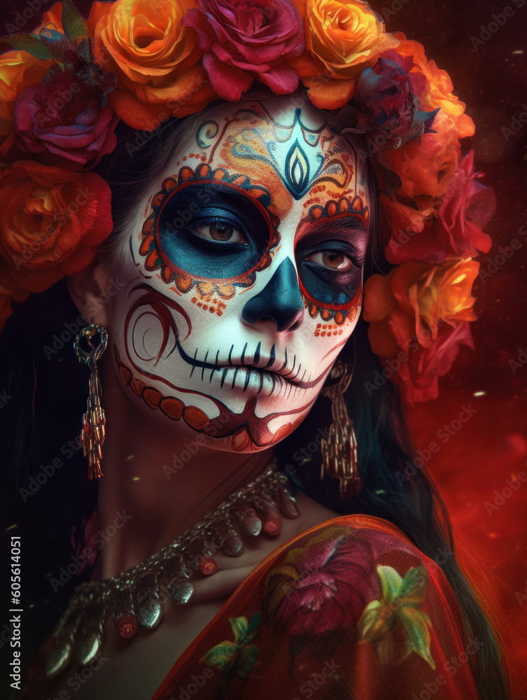 Portrait of a woman as la Catrina with bright art painted makeup adorned with floral decorations on head, prepared for festival La Muerte or Halloween party. AI generative