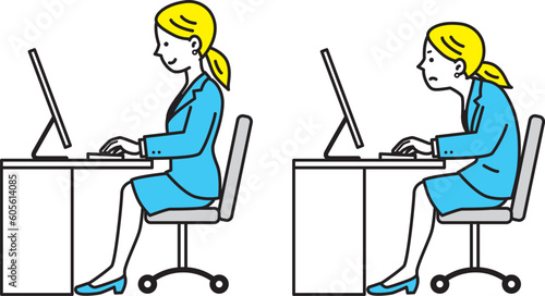 デスクワークをする女性の良い姿勢と悪い姿勢の比較イラスト